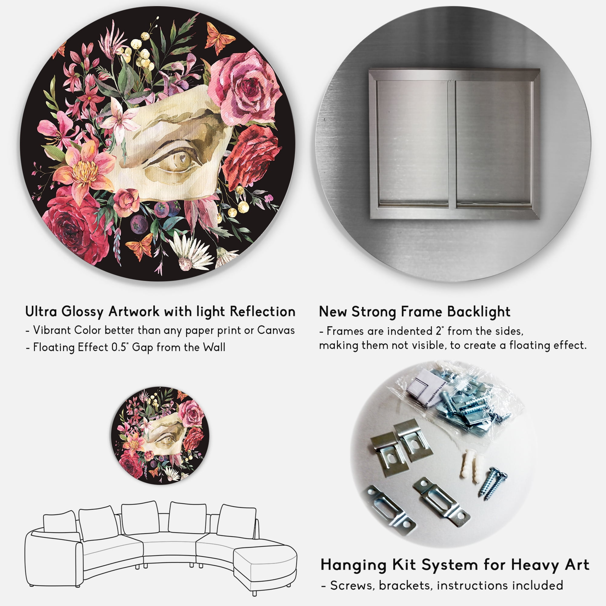 Designart 'Dried Wildflowers With Greek Sculpture David Eye' Farmhouse Circle Metal Wall Art 11x11 - Disc of 11