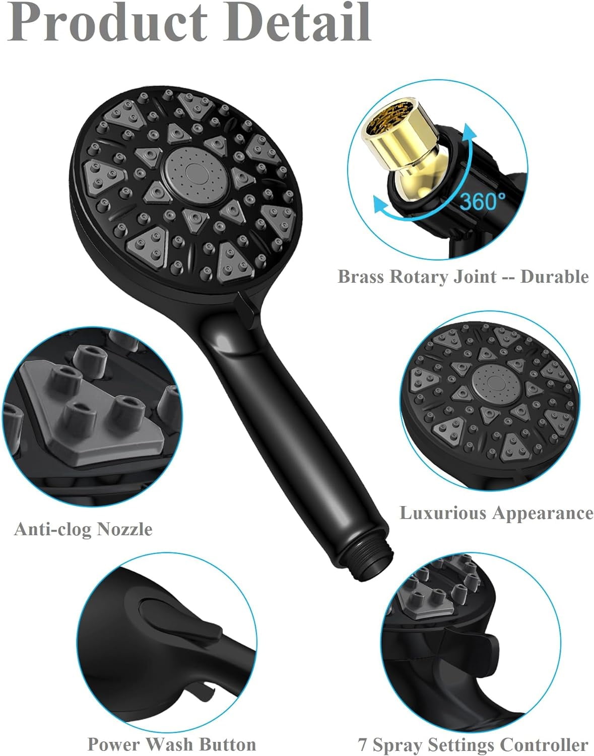 Bailu High Pressure Shower Head features a handheld 7-mode built-in power wash to clean your tub. Tile & Pet, 5" High Flow Handheld Rain Shower Head - Matte Black