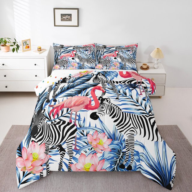Erosebridal Tropical Flamingo Zebra Bedding Comforter Set, Lotus Flower Tropical Leaf Down Comforter, Reversible 2 Pieces