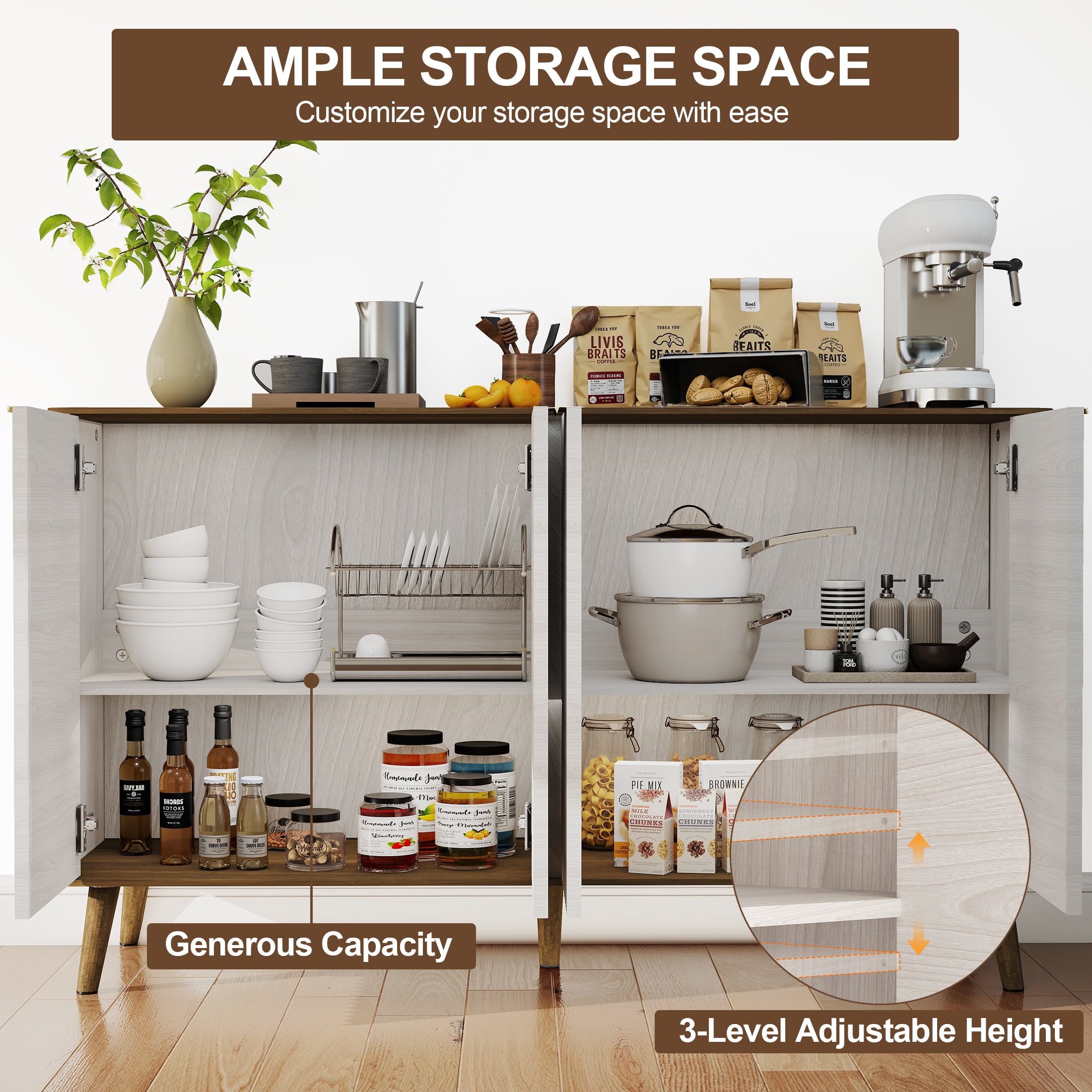 TrumanPick Fluted Sideboard Buffet Cabinet with Adjustable Shelves, Mid-Century Modern 4-Door Credenza for Dining Room Kitchen Living Room, Beige&Walnut 47.5" W x 16" D x 34" H