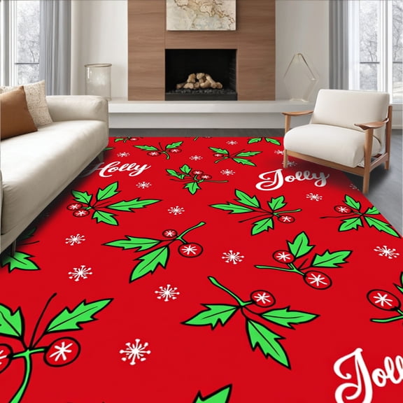 ODIKA 4'x6' Machine Washable Non-Slip Area Rug, Holly Jolly Festive Yuletide Hearth Welcome High Traffic Rug, Red, 651475