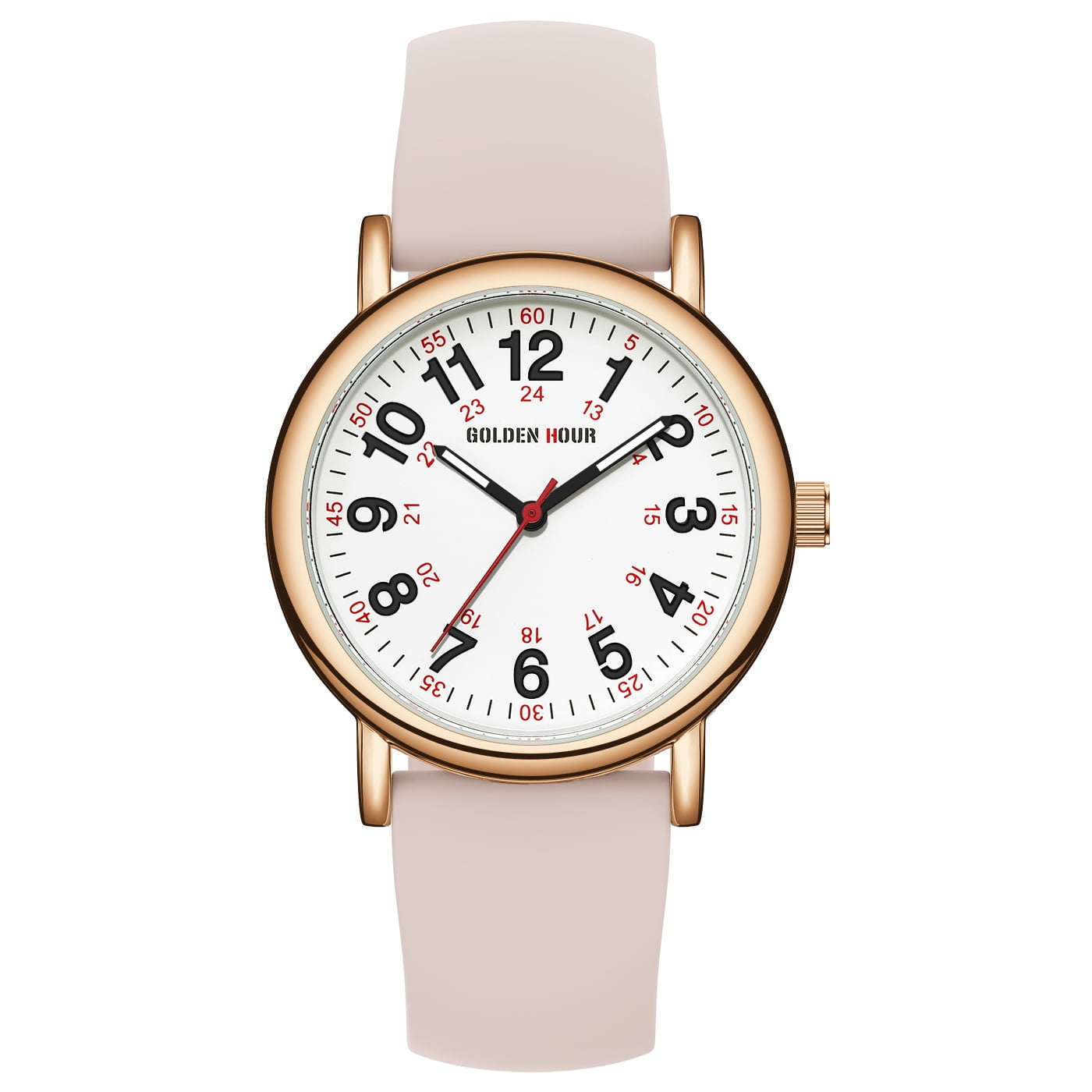 GOLDEN HOUR Waterproof Nurse Watch for Medical Professionals, Students Women Men - Military Time Luminouse Easy Read Dial, 24 Hour with Second Hand, Colorful Silicone Band