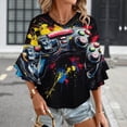 thumbnail image 3 of Colorful Splatter Game Controller Art Women's V-Neck Blouse With 3/4 Ruffled Bell Sleeves Casual Top Ladies Blouses, 3 of 7