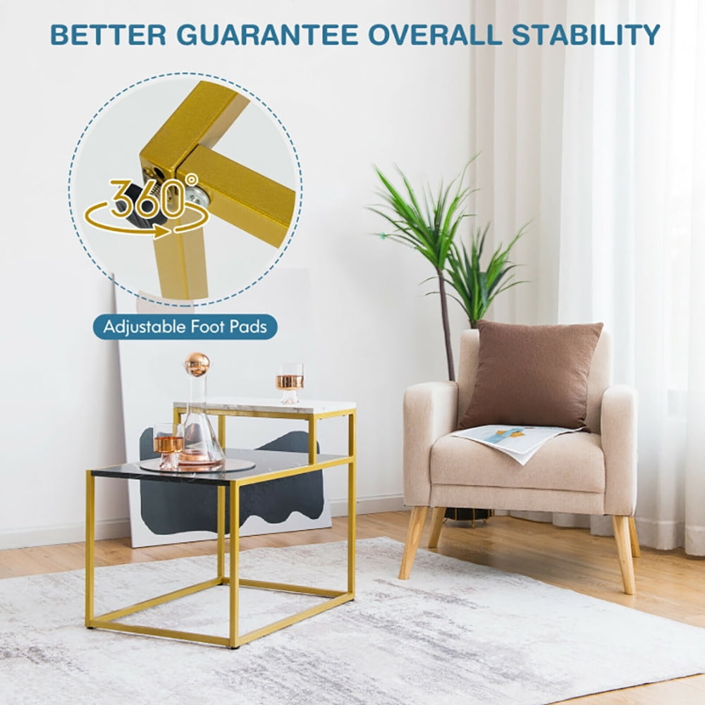 Finihen End Side Table, Rectangular Coffee Table, Gold Metal Frame Side Table, 2 Tier End Side Table with Metal Frame and Storage Shelf, for Living Room, Reception Room, White Finihen End Side Table, Rectangular Coffee Table, Gold Metal Frame Side Table, 2 Tier End Side Table with Metal Frame and Storage Shelf, for Living Room, Reception Room, White