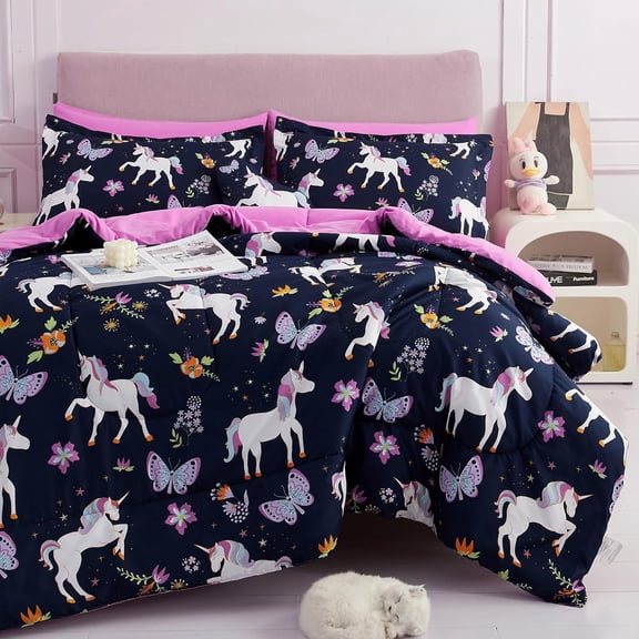 Kids Comforter Bed Set Twin Size for Girls, 6 Pieces Bed in a Bag with Shams, Sheet Set, Purple Pink Unicorn Twin Soft Microfiber Kids