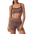 thumbnail image 4 of GILIGEGE Women Striped 2 Piece Workout Outfit,Square Neck Padded Sports Bra High Waist Biker Shorts Set with Pockets,Buttery Soft Stretchy Yoga Sets for Running Training Athletic Activewear Coffee, 4 of 5