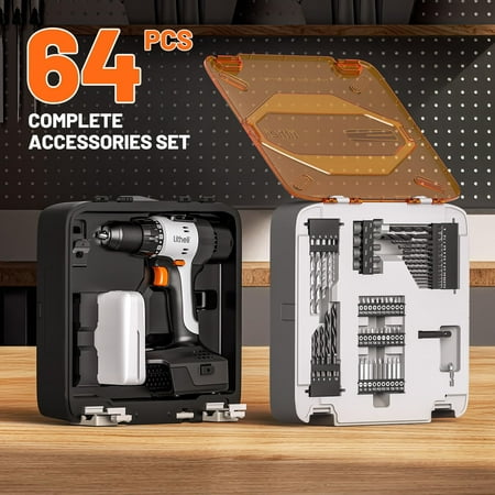 Litheli 20V Cordless Drill Driver Set, Electric Power Drill with 2 Variable Speed Settings, 1/2 Inch Keyless Chuck, 21+1 Settings with Maximum Torque of 443 In-lbs