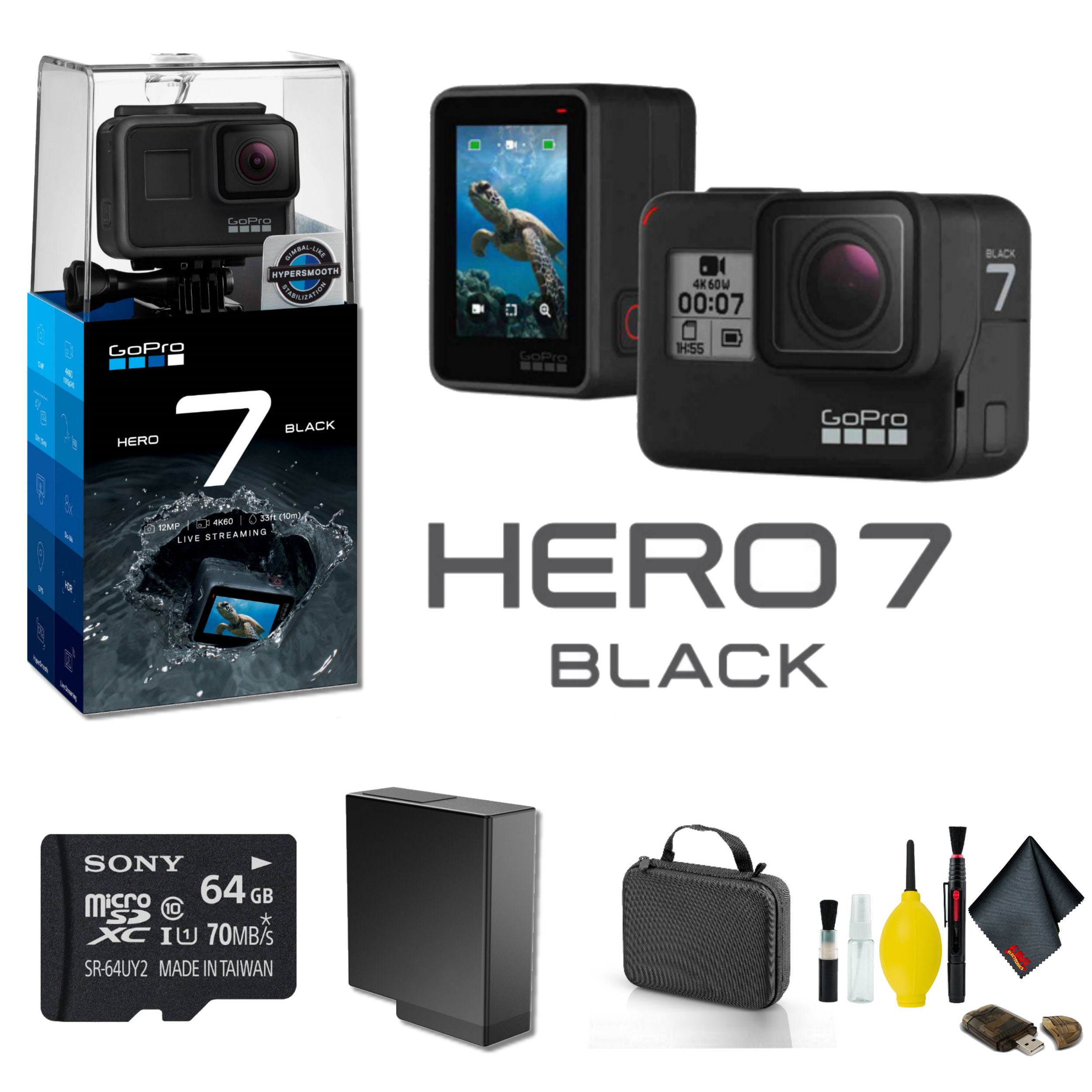 GoPro HERO7 Black Action Camera With 64GB Memory Card Case And More -  Starter Bundle