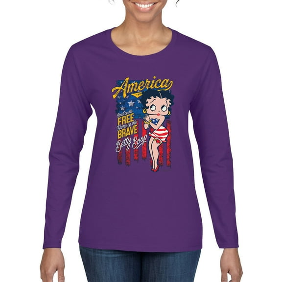Wild Bobby, Betty Boop America Land of the Free Home of the Brave Betty Boop Womens Long Sleeve T-Shirt, Purple, Large