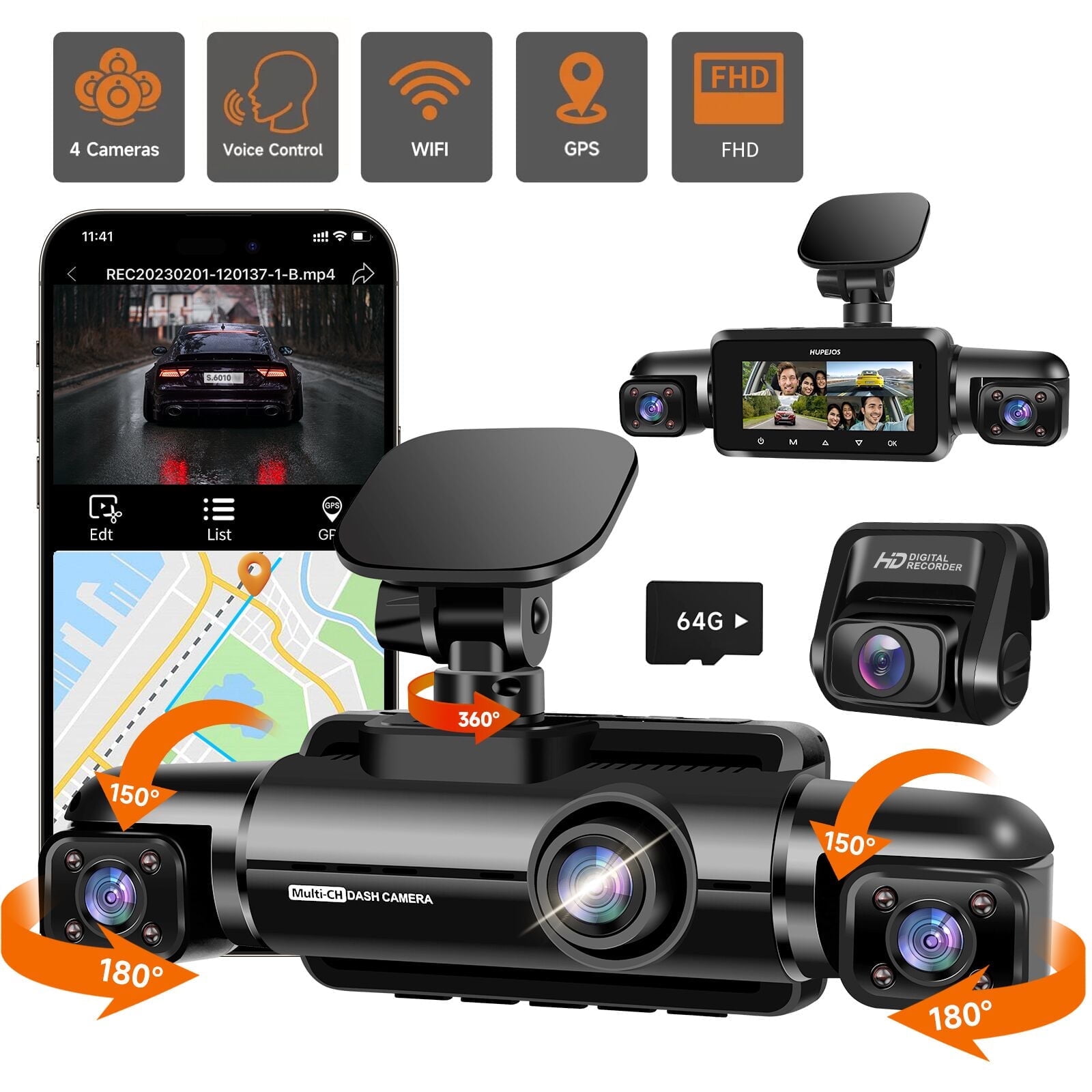 HUPEJOS GPS Dash Cam Front and Rear Inside, 360° Voice Control Car Camera, 4-Channel 1080P Dashcam for Cars, 64GB SD Card Included, 8 IR Night Vision, WDR, APP & WiFi Supported, 24H Parking Mode