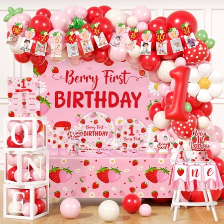 Berry First Birthday Decor Strawberry 1st Birthday Decorations for Paper Plates Balloons Arch Napkin Cake Topper Backdrop Cup Tablecloth Banner for Strawberry Theme Party Supplies VT1