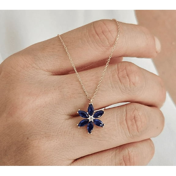 Marquise Cut Blue Sapphire Flower Necklace in 14k Yellow Gold Finish - September Birthstone - Gift For Her