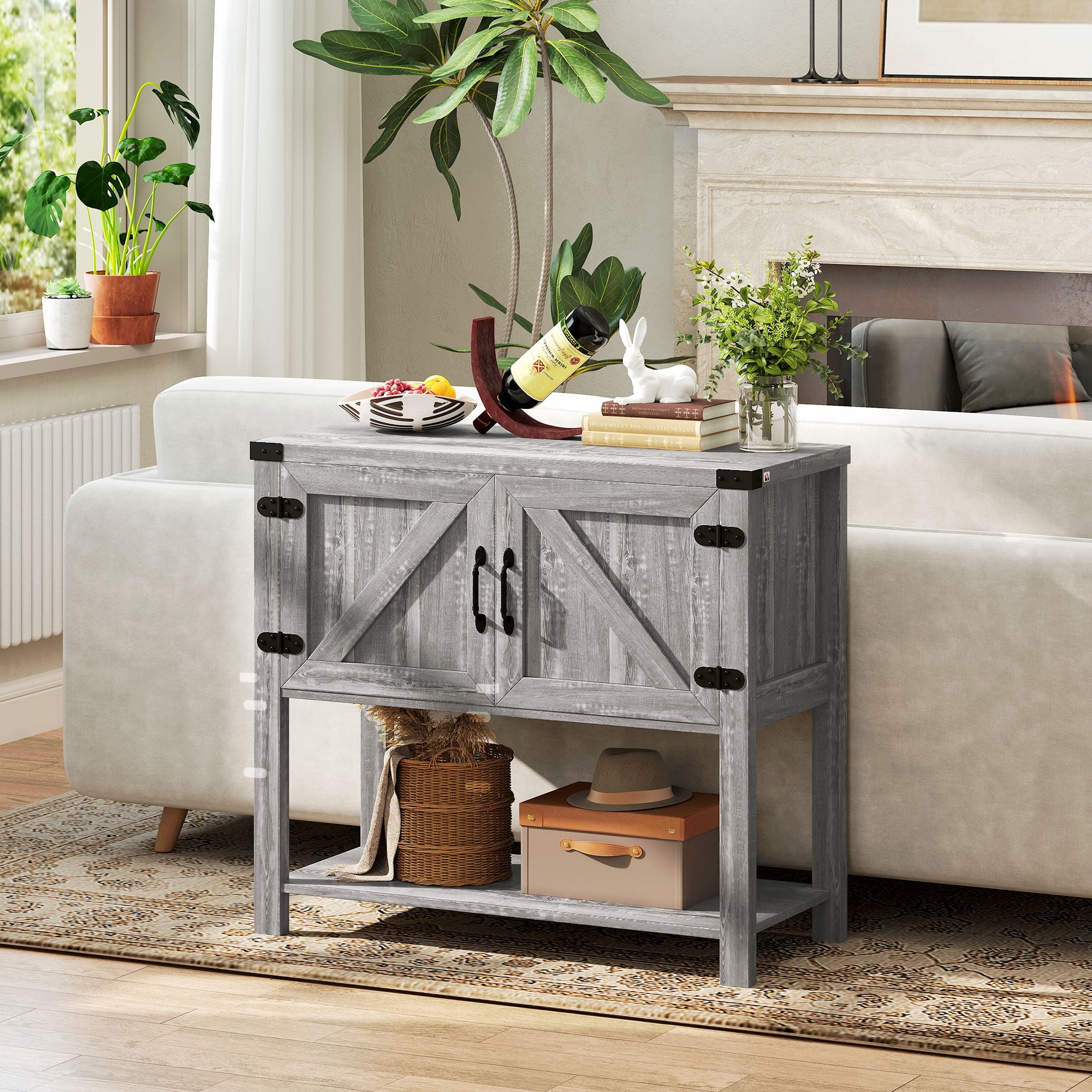 HOMCOM 2-Door Free Standing Sideboard Console Table with Bottom Shelf, Entryway, Stone Gray