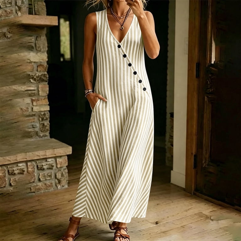 graduation dresses casual asdoklhq Graduation Dress Embroidered Tea Party Dresses A Line Dress  Women's Sleeveless V Neck Striped Maxi Dress Casual Button Decoration  Pocketed Loose Summer Dress Khaki 2X