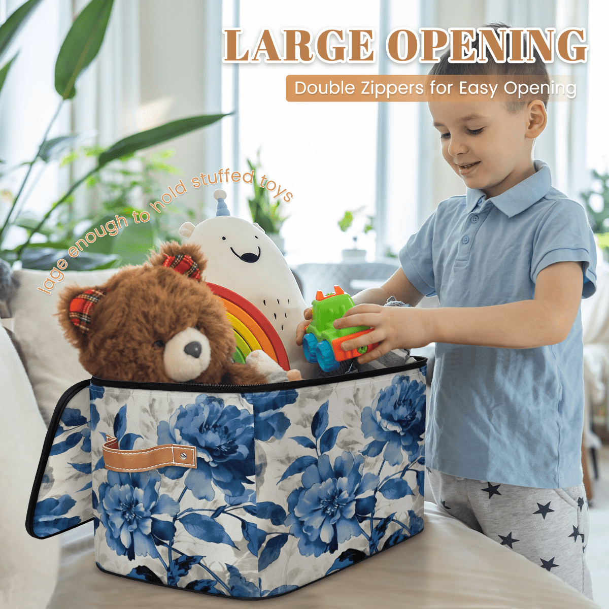 CURLYOOT Watercolor Blue Flower Storage Bin with Zipper Lid, Fabric Decorative Lidded Storage Baskets Boxes, Foldable Organizer Container Basket for Bedroom Closet Shelf