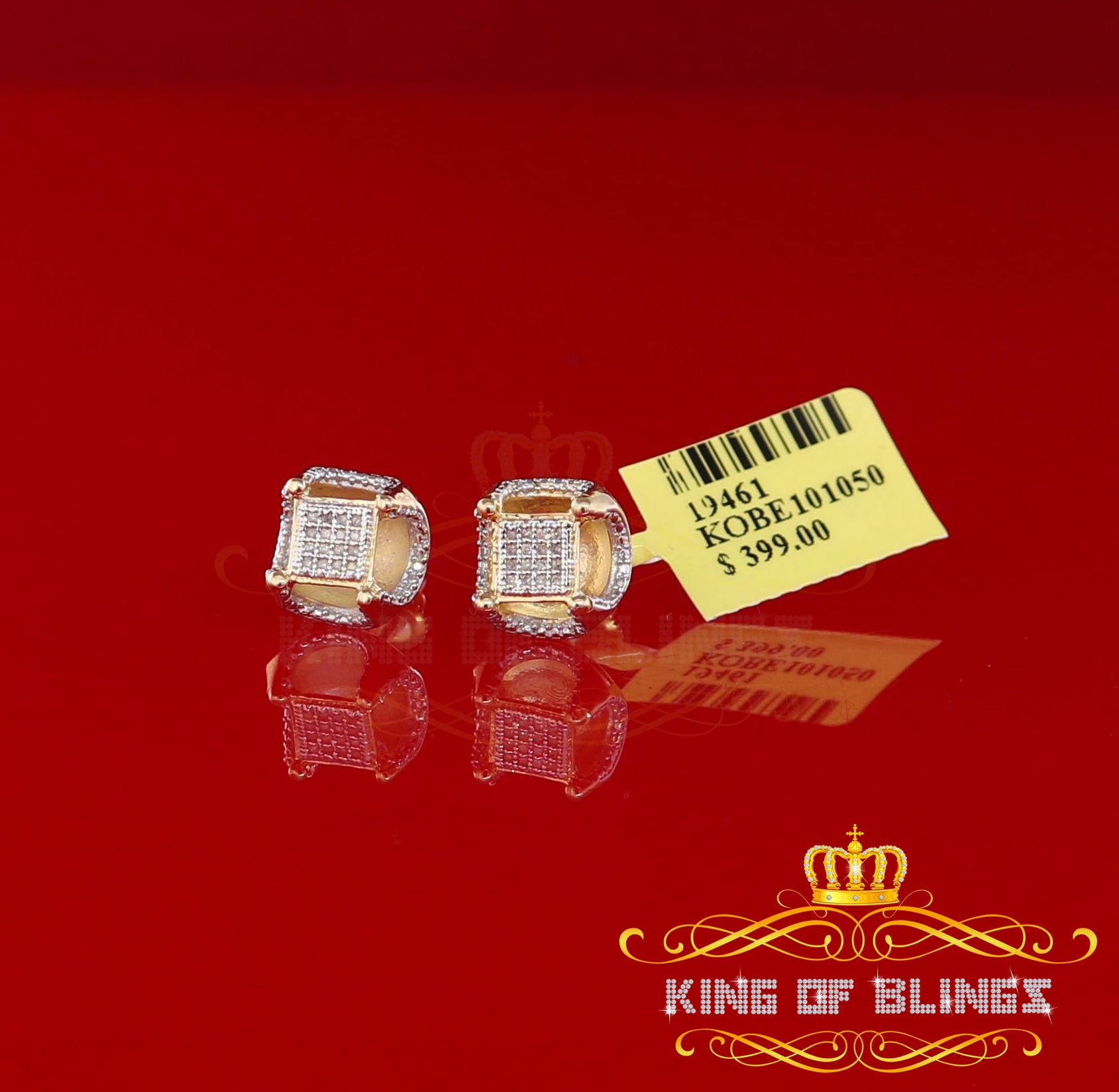 King of Bling's Women's 925 Yellow Sterling Silver 0.15ct Diamond Square Stud Men's Earrings