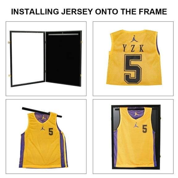 PIT66 UV Protection Jersey Display Frame Case Shadow Box, Metal Hanger for Basketball Football Hockey Shirt, Black