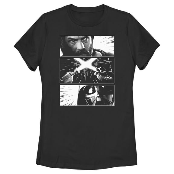 Women's Star Wars: Obi-Wan Kenobi Darth Vader vs Kenobi Grayscale Battle Panels Graphic Tee Black Large