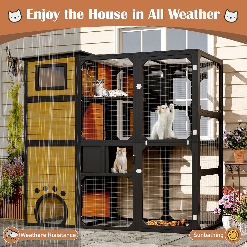 Large Cat Catio, 4 Tiers Cat Enclosure for Outdoor, Wooden Cat House Weatherproof Attached to Window for Multiple Cats with Platforms and Resting Rooms