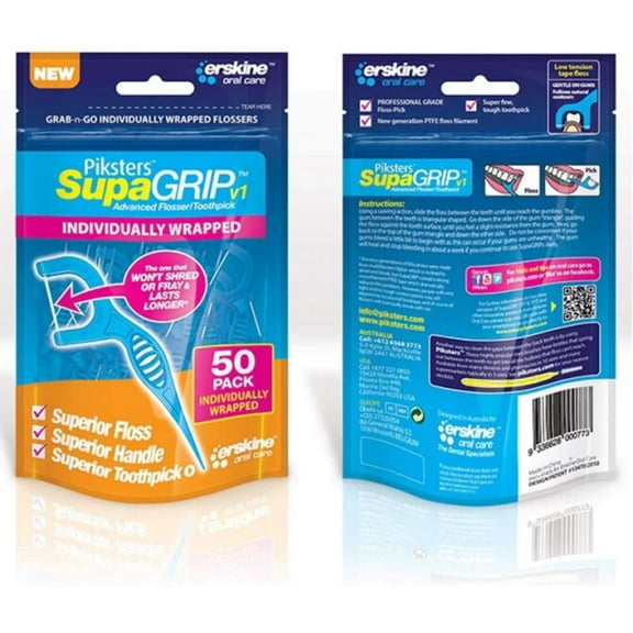 Piksters Monofilament Supagrip Flosser and Toothpick, Pack of 50 Individually Wrapped Superior Floss