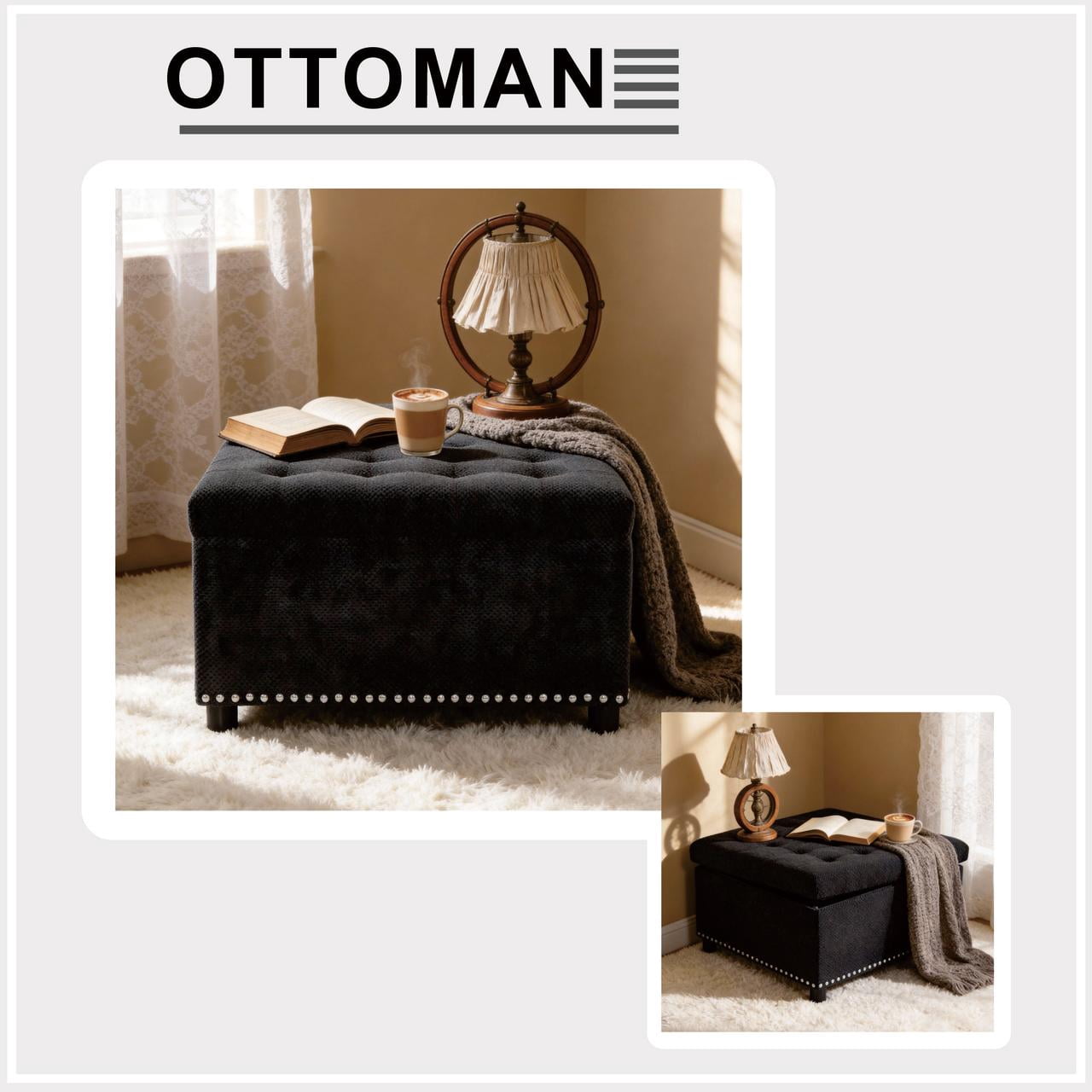 MOONMISS Square Storage Ottoman with Nailhead Trim , Upholstered Coffee Table for Bedroom Storage, Living Room Accent,Black