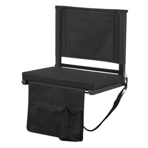 KFFKFF Folding Stadium Seat with Backrest and Cushion, Portable Bleacher Chair with Shoulder Strap, Hooks, Cup Holder, and Side Pocket, Comfortable Black Chair for Bleachers