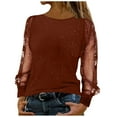 thumbnail image 3 of YOIAVAIOY Womens Shiny Glitter Shirts Splice Sparkly Mesh Tops Dressy Long Sleeve Loose Tunic Casual Shirts Brown XL, 3 of 7