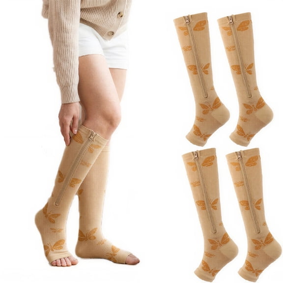 2 Pairs Zipper Compression Socks for Women Men 15-25 mmHg Open Toe Knee High Support Socks