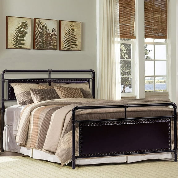 Queen Size Metal Bed Frame Platform with Faux Leather Headboard and Footboard Heavy Duty Steel Slat Support Brown