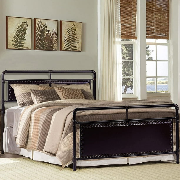 Queen Size Metal Bed Frame Platform with Faux Leather Headboard and