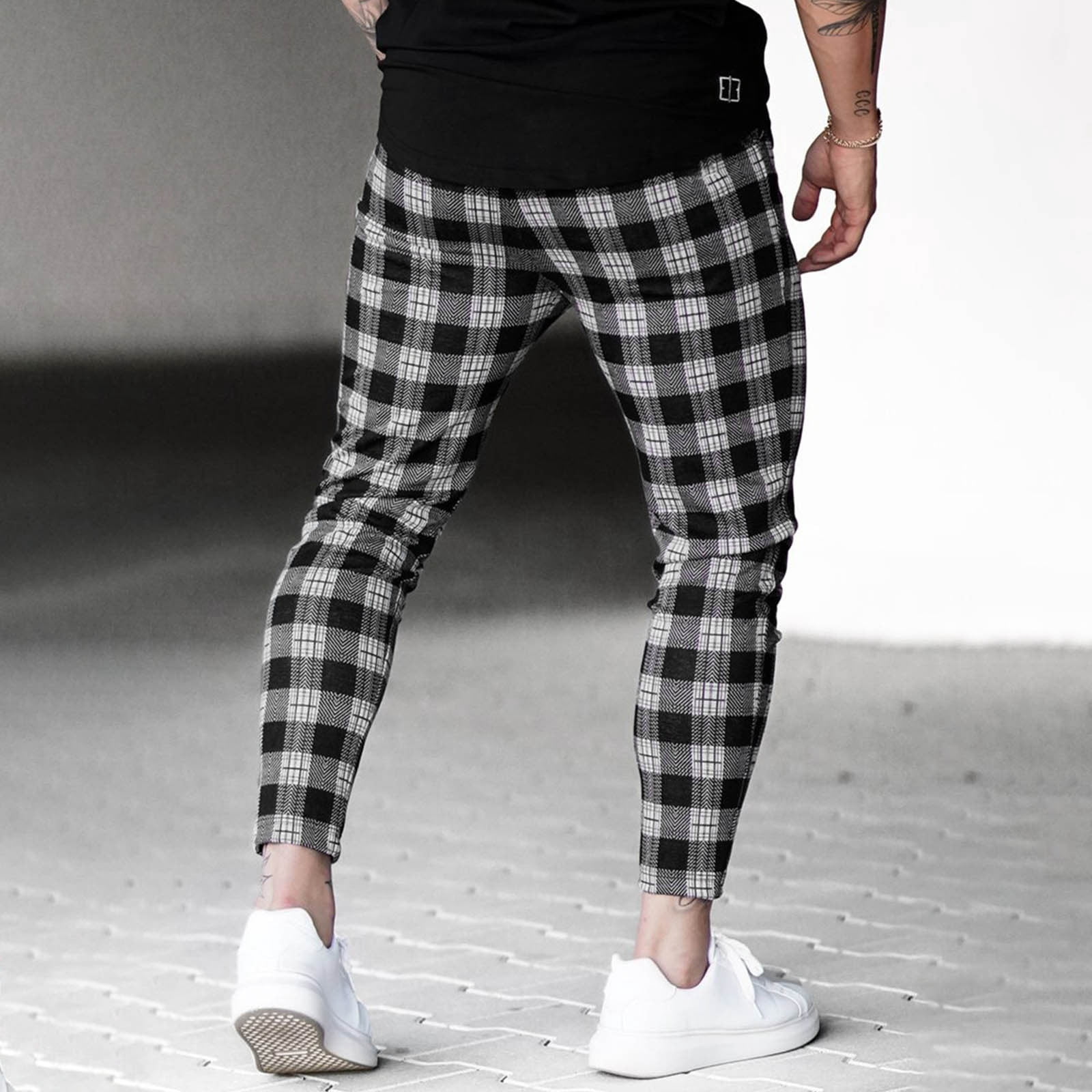 USNSM Men's Plaid Sweatpants Casual Fitness Slim Fit Joggers Drawstring Elastic Waist Straight Leg Pants with Pockets Black XL
