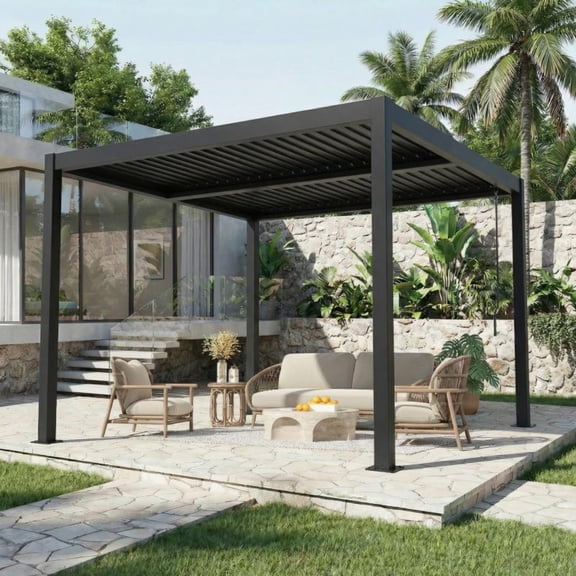 10' x 10' Outdoor Pergola with Adjustable Louvered Roof & Integrated Drainage, Heavy-Duty Metal Louvered Pergola for Patios, Black