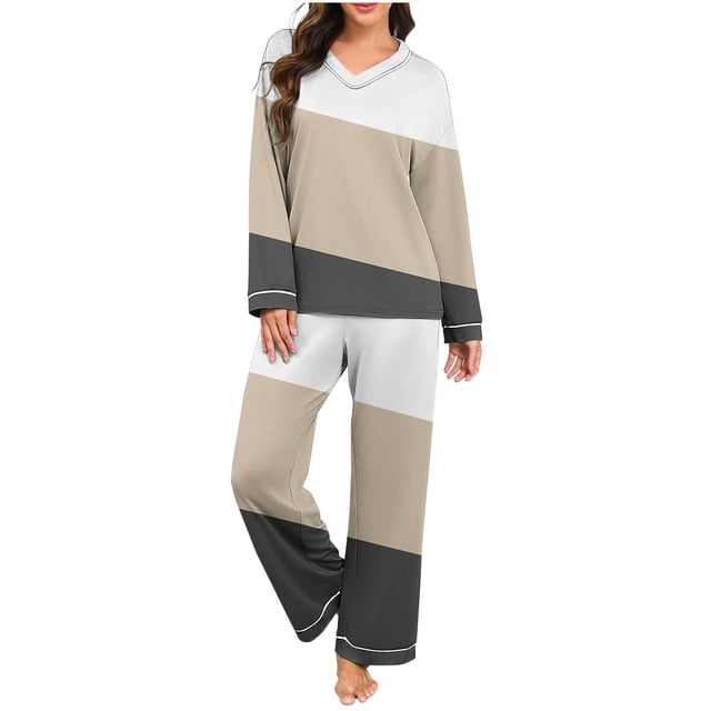 Ensemble de Pyjama pour Femmes, Pantalon Décontracté à Manches Longues Col en V Couleur Unie, Ensemble de Pyjama pour Femmes