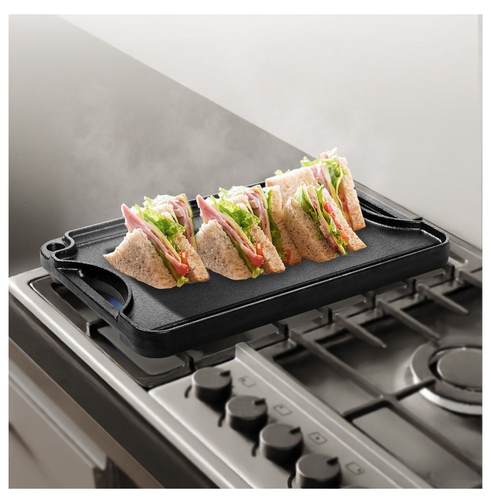 Cast Iron Griddle & Grill Pan, 14x8.5 Inch Reversible Cookware; Indoor Outdoor Stove Top, Gas, Camping BBQ, Pre-Seasoned Rectangular Griddle
