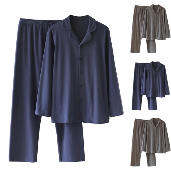 mihongmao Summer Lounge for Mens 2 Piece Plus Size Pajamas Men Solid Color Lapels Long-sleeved Button Pants Warm Home Clothes Pajamas Set Gray L