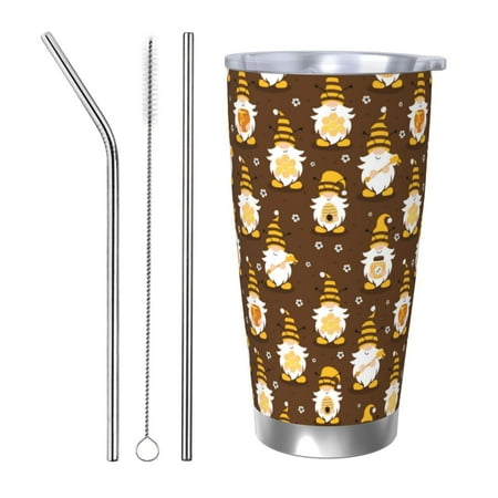 

Uemuo Flowers And Gnomes Bees Print Travel Coffee Mug 20oz Double-walled Car Cup Stainless Steel Insulated Tumbler Leak-proof Travel Cup Reusable Straw Car Cup-Straw Three-piece Set