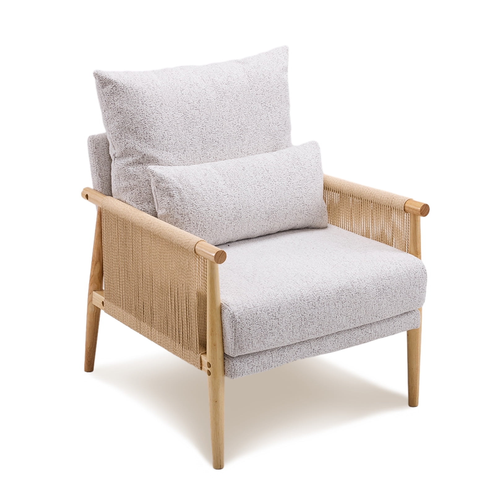 Ktaxon Accent Chair, Solid Wood and Jute Rope Armrests Armchair, Single sofa with Lumbar Pillow for Living Room Bedroom Office Light Gray