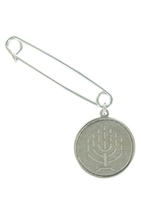 Safety Pin Brooch 2" Silver Tone Jewish Hebrew Menorah Symbol Charm Dangle End Ladies Adult Female Women