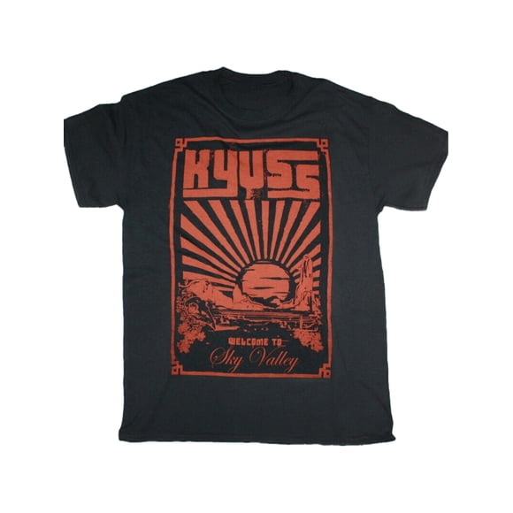T-shirt KYUSS Welcome to Valley avec Logo de Groupe Rouge et Motif d'Arbre Coucher de Soleil dans le Désert T-Shirt Rock Unisexe pour et Articles de Musique de Collection