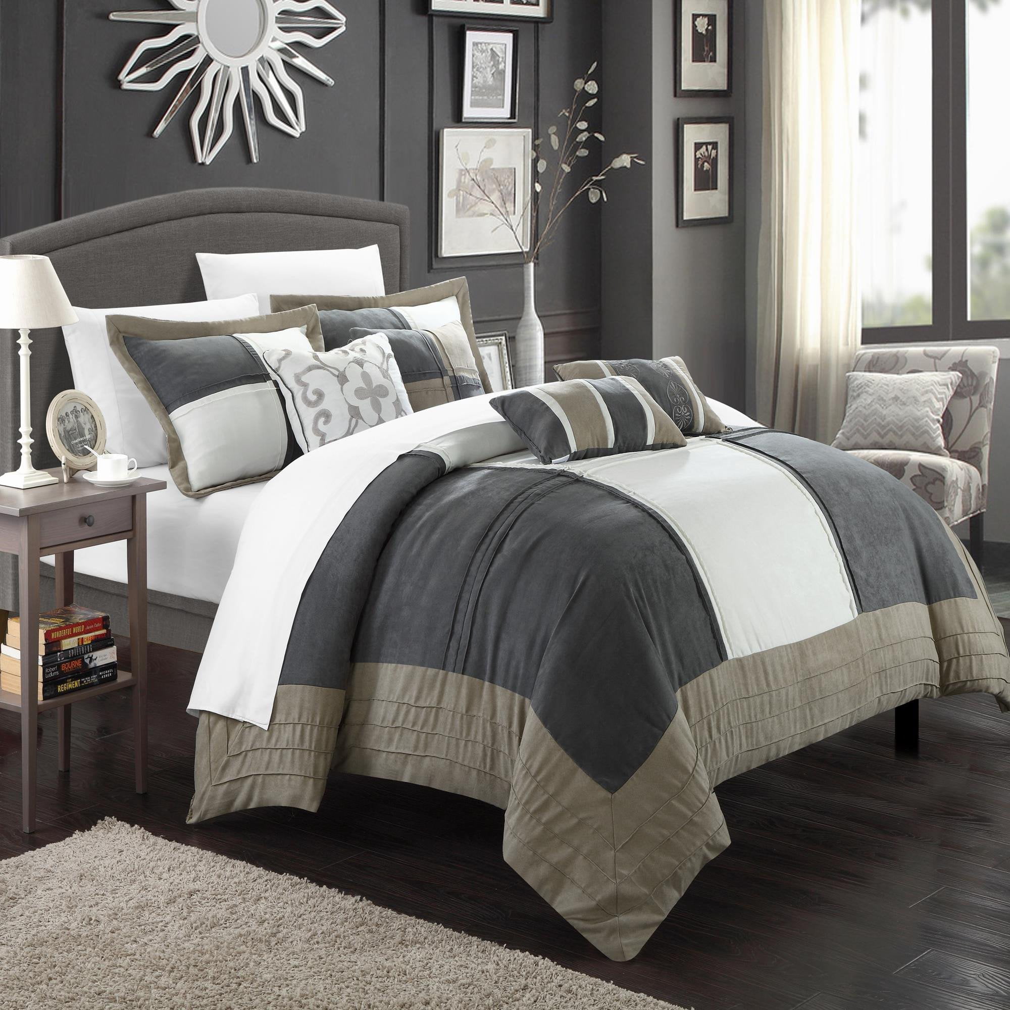 Includes Bed in A Bag Taupe/White Chic Home Lazio 7-Piece Soft Microsuede Patchwork Comforter Set 2-Sham and 4-Throw Pillow Queen