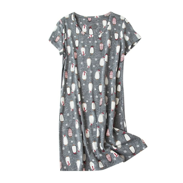 Gibobby Pijamas para mujer Camisón de algodón para mujer, ropa de dormir, camisa de manga corta, vestido de dormir con estampado informal(Gris oscuro,XL)