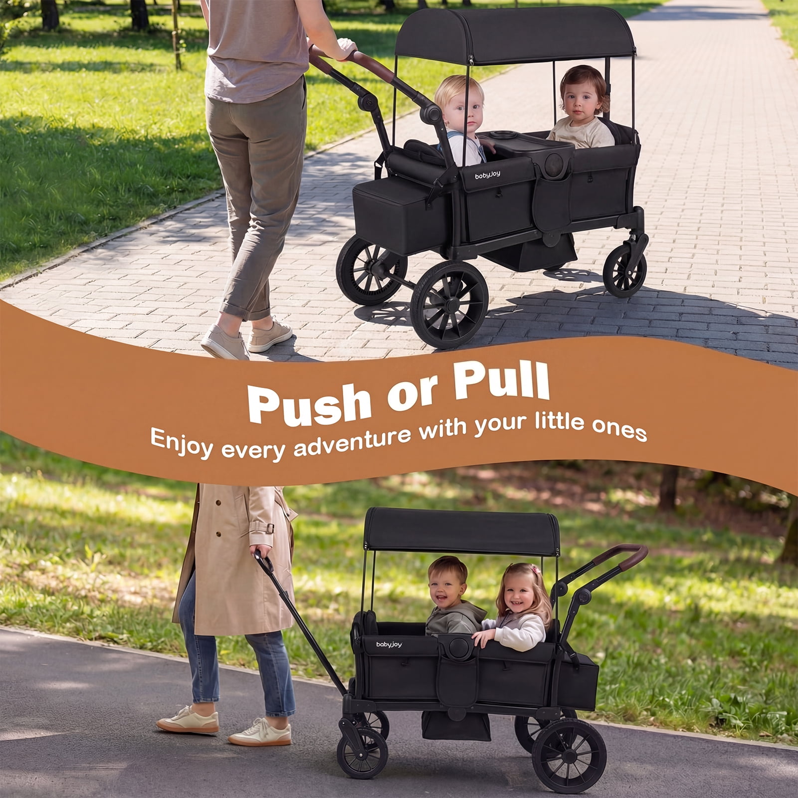 Infans Foldable Wagon Stroller for 2 Kids, Double Seater Toddler Stroller w/ Canopy