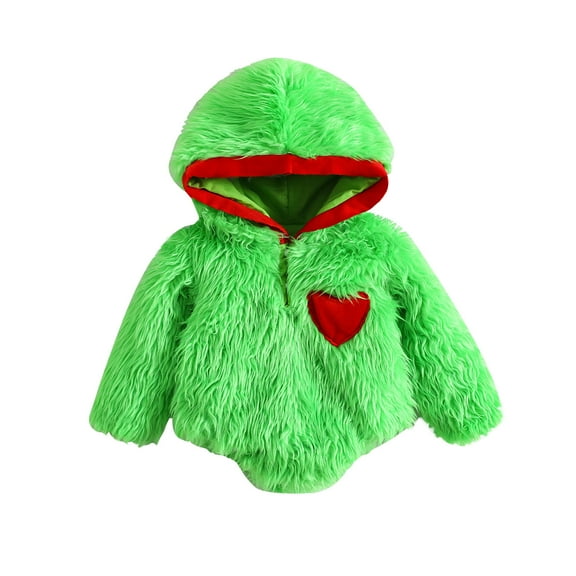 Baby Girls Boys Christmas Hooded Romper 3M 6M 12M 18M Green Long Sleeve Heart Print Furry Romper