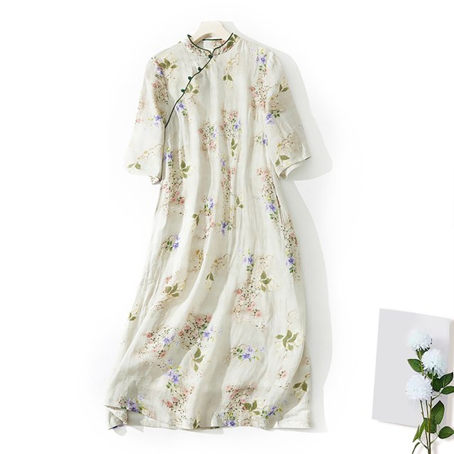 Robes d'Invité de Mariage Grande Taille Femmes Dames Haut de Gamme Lin Rétro Cheongsam Robe avec Design Unique Robe d'Été Grande Taille Beige TTG
