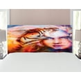 thumbnail image 1 of Mystic Headboard, Mighty Tiger and Lion Head with Woman Face on Ornamental Background Art, Upholstered Decorative Metal Bed Headboard with Memory Foam, Full Size, Yellow Brown Blue, by Ambesonne, 1 of 4