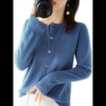 thumbnail image 1 of Suéter de Larga con Cuello Redondo de Color Liso para Mujer, Chaqueta de Punto Combinable para y Otoño Azul Neblina XXL, 1 of 8