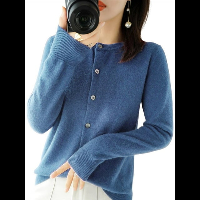 Suéter de Larga con Cuello Redondo de Color Liso para Mujer, Chaqueta de Punto Combinable para y Otoño Azul Neblina XXL