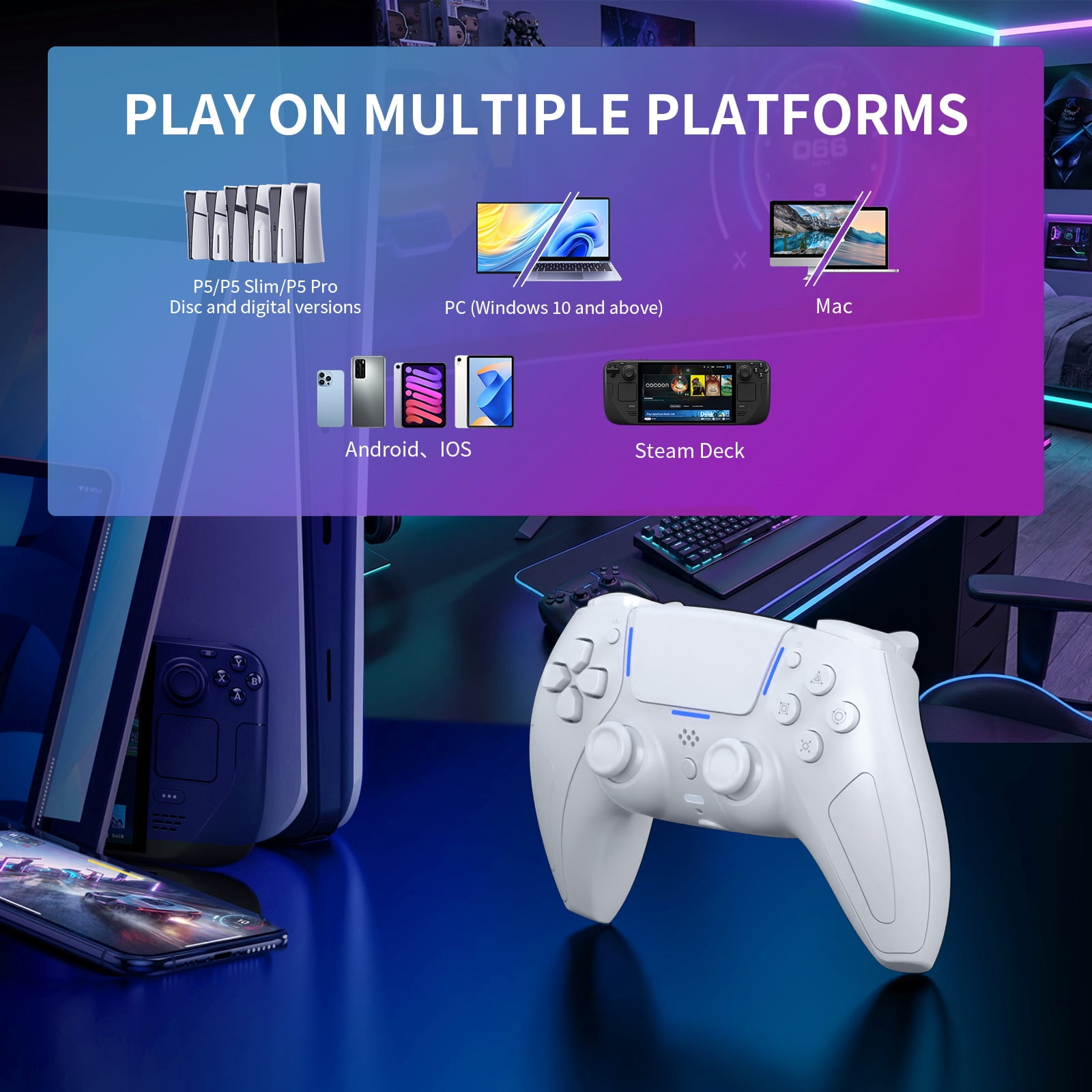 Ghost Gear Wireless PS5 Controller White for Console & Mobile Gaming – Hall Effect Joysticks Bluetooth Gamepad for PS5, PC, iOS & Android with Motion Control & Vibration