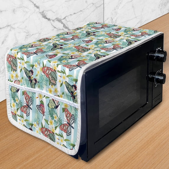 Botanical Microwave Oven Cover, Summer Themed Pattern of Butterflies and Exotic Flowers and Leaves Garden Art, Water Resistant Organizer with Pockets for Kitchen, 36" x 12", Multicolor, by Ambesonne