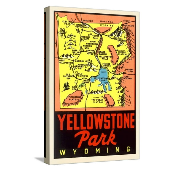 Art.com Yellowstone National Park Map, Montana Stretched Canvas Print Wall Art, 12" x 18"